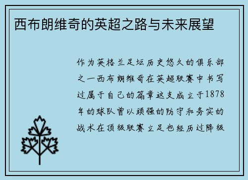 西布朗维奇的英超之路与未来展望